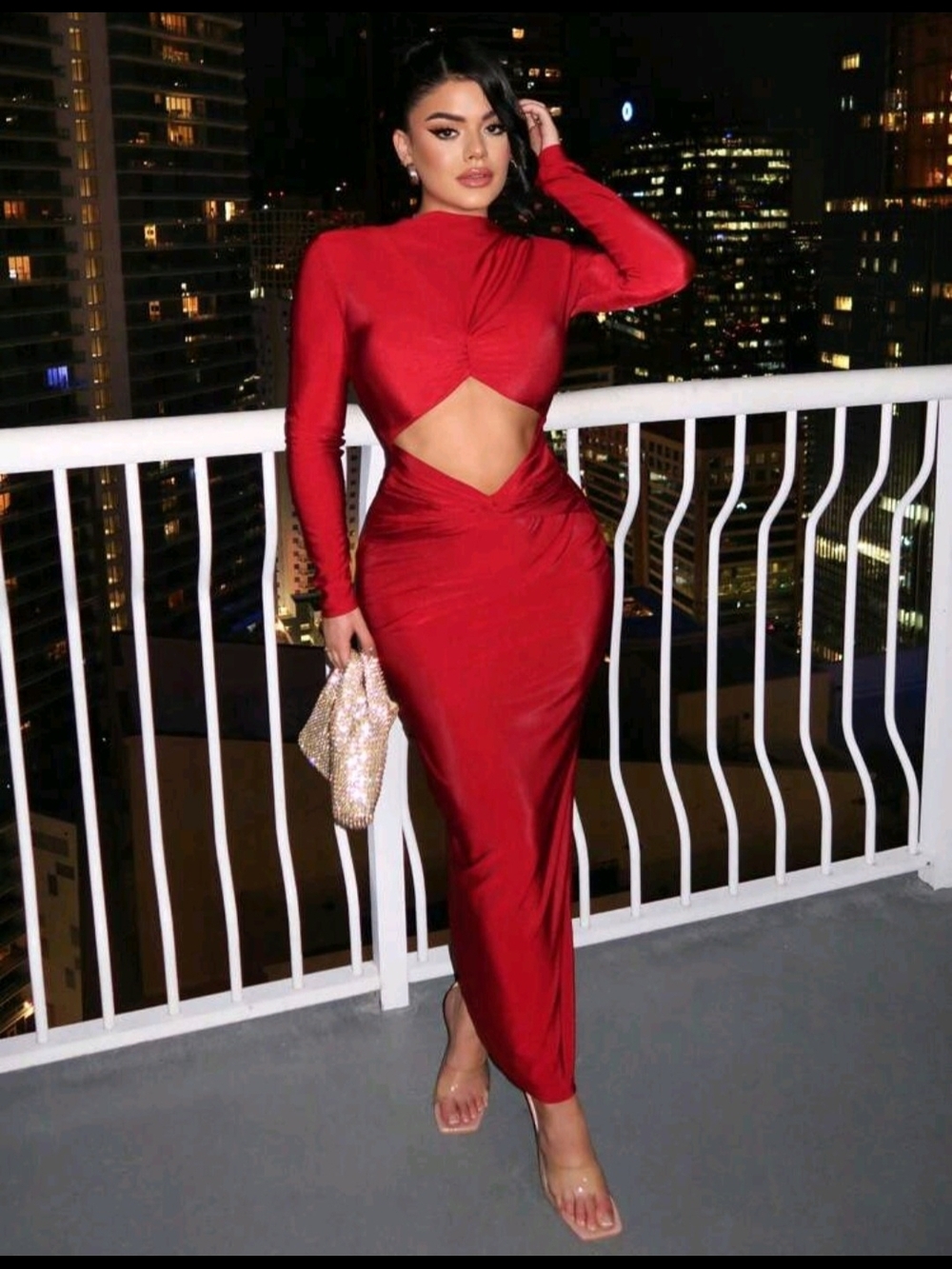 Red Cutout Long Sleeve Maxi Dress